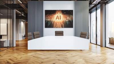 Creative artificial Intelligence symbol concept on presentation screen in a modern conference room. 3D Rendering Wall mural