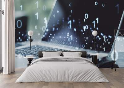 Creative concept of binary code illustration on modern laptop background. Big data and coding concept. Multiexposure Wall mural