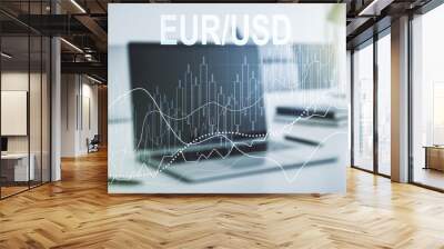 Creative concept of EURO USD financial chart illustration on modern laptop background. Trading and currency concept. Multiexposure Wall mural