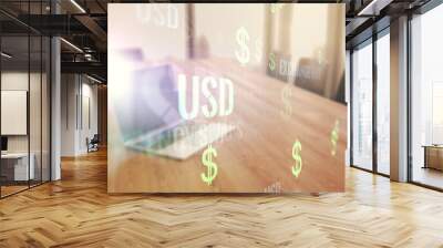 Creative concept of EURO USD symbols illustration on modern laptop background. Trading and currency concept. Multiexposure Wall mural