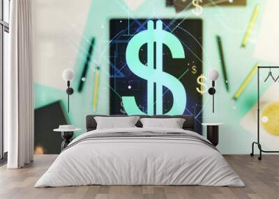 Creative concept of USD symbols illustration and modern digital tablet on background, top view. Trading and currency concept. Multiexposure Wall mural