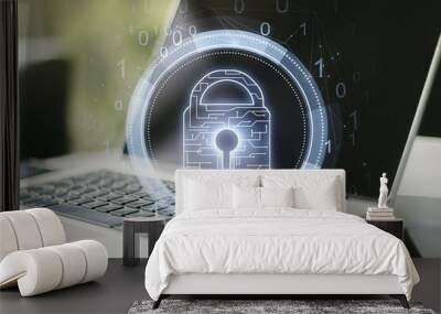 Creative idea concept with lock symbol and microcircuit illustration on modern laptop background. Protection and firewall concept. Multiexposure Wall mural