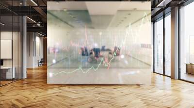 Double exposure of abstract creative financial chart hologram on modern corporate office background, research and strategy concept Wall mural