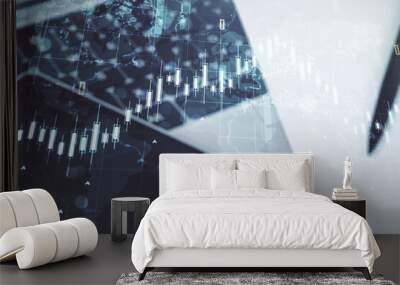 Double exposure of abstract creative financial chart with world map on laptop background, research and strategy concept Wall mural