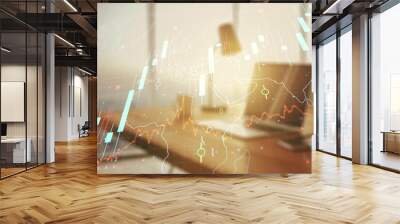 Double exposure of abstract creative financial chart with world map on laptop background, research and strategy concept Wall mural