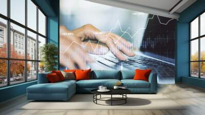 Double exposure of abstract creative financial diagram with hand typing on computer keyboard on background, banking and accounting concept Wall mural