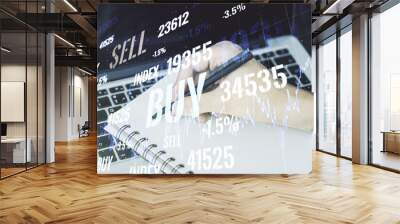 Double exposure of abstract creative financial diagram with hand writing in notebook on background, banking and accounting concept Wall mural