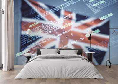 double exposure of abstract creative programming illustration on flag of great britain and blue sky  Wall mural