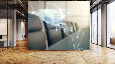 Double exposure of abstract digital world map hologram with connections on a modern boardroom background, big data and blockchain concept Wall mural