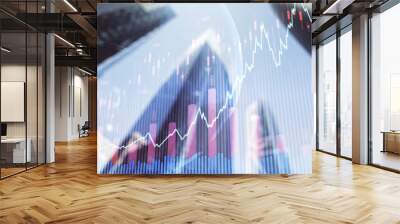 Double exposure of abstract financial graph with world map on office buildings background, financial and trading concept Wall mural