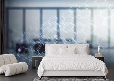 Double exposure of abstract virtual technology hologram with hexagon on a modern meeting room background. Research and development software concept Wall mural