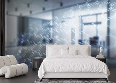 Double exposure of abstract virtual technology hologram with hexagon on modern corporate office background. Research and development software concept Wall mural