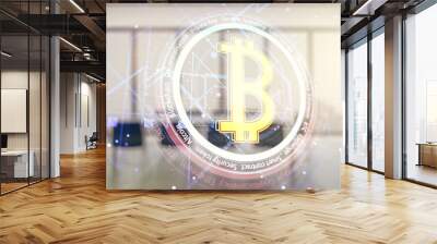 Double exposure of creative Bitcoin symbol hologram on a modern meeting room background. Cryptocurrency concept Wall mural