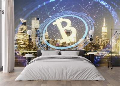 Double exposure of creative Bitcoin symbol hologram on Manhattan office buildings background. Mining and blockchain concept Wall mural