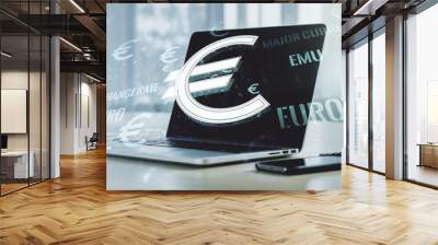 Double exposure of creative EURO USD symbols hologram on laptop background. Banking and investing concept Wall mural