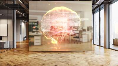 Double exposure of creative human brain microcircuit hologram on a modern furnished office interior background. Future technology and AI concept Wall mural