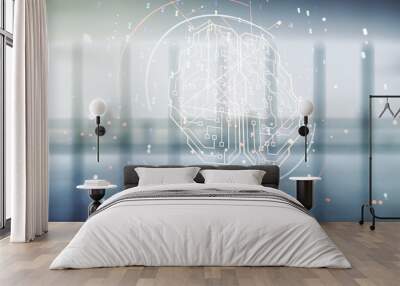 Double exposure of creative human brain microcircuit hologram on empty room interior background. Future technology and AI concept Wall mural