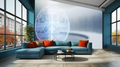 Double exposure of creative human brain microcircuit hologram on empty room interior background. Future technology and AI concept Wall mural