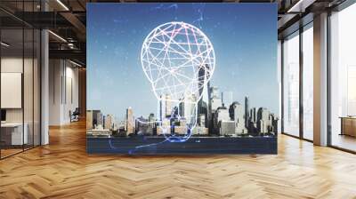 Double exposure of creative light bulb hologram on New York city skyscrapers background, research and development concept Wall mural