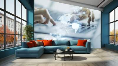 Double exposure of robotics technology with world map hologram and hands typing on laptop on background. Research and development software concept Wall mural