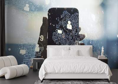 Double exposure of social network icons concept with world map and hand with cell phone on background. Marketing and promotion concept Wall mural