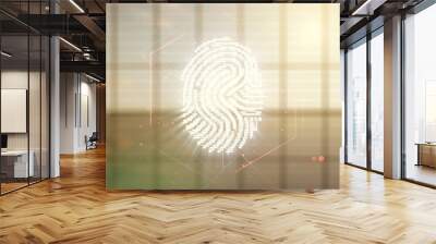 Double exposure of virtual creative fingerprint hologram on empty room interior background, protection of personal information concept Wall mural