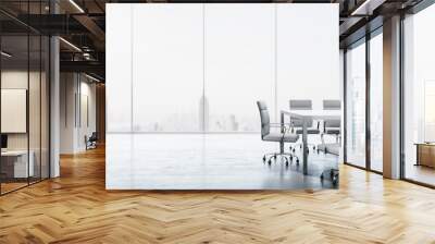 Furnished white conference room with table, chairs and large window overlooking the city. 3D Rendering Wall mural