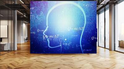 Glowing silhouette of a human head with formulas and numbers on a dark blue background. Artificial intelligence and neural networks concept. 3D Rendering Wall mural