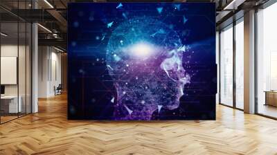 Glowing silhouette of a human head with microchips on a dark background. Artificial intelligence and neural networks concept. 3D Rendering Wall mural