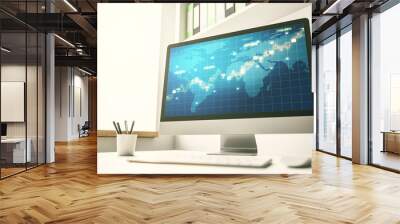 Modern computer display with abstract financial graph with world map, financial and trading concept. 3D Rendering Wall mural