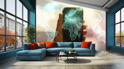 Multi exposure of abstract creative digital world map and hand with cell phone on background, research and analytics concept Wall mural