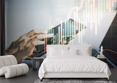 Multi exposure of abstract creative financial chart with finger presses on a digital tablet on background, research and analytics concept Wall mural