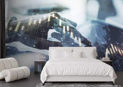 Multi exposure of abstract creative financial chart with world map and with finger presses on a digital tablet on background, research and analytics concept Wall mural