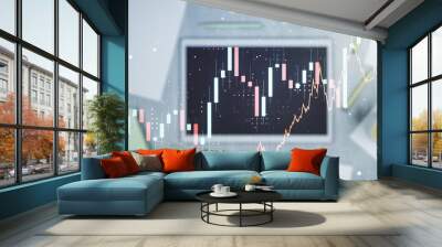 Multi exposure of abstract creative financial graph and modern digital tablet on background, top view, forex and investment concept Wall mural