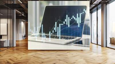 Multi exposure of abstract creative financial graph on modern computer background, forex and investment concept Wall mural