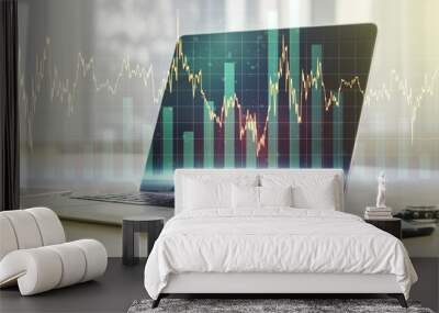 Multi exposure of abstract financial diagram on computer background, banking and accounting concept Wall mural