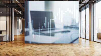 Multi exposure of abstract financial diagram on computer background, banking and accounting concept Wall mural