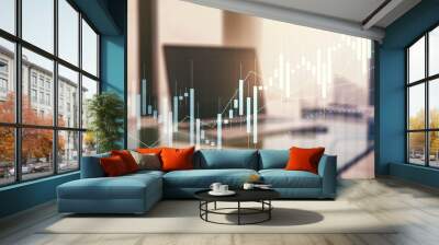 Multi exposure of abstract financial graph on laptop background, financial and trading concept Wall mural