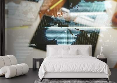 Multi exposure of abstract graphic world map and modern digital tablet on desktop on background, top view, big data and networking concept Wall mural