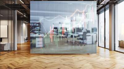 Multi exposure of abstract virtual financial graph hologram on a modern furnished office background, forex and investment concept Wall mural