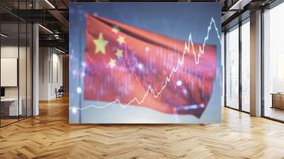 Multi exposure of virtual abstract financial diagram on flag of China and blue sky background, banking and accounting concept Wall mural