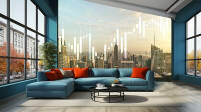 Multi exposure of virtual abstract financial diagram on Manhattan office buildings background, banking and accounting concept Wall mural