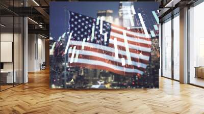 Multi exposure of virtual abstract financial graph interface on US flag and skyline background, financial and trading concept Wall mural