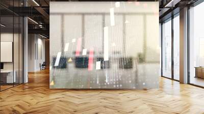 Multi exposure of virtual creative financial graph and world map on a modern conference room background, forex and investment concept Wall mural