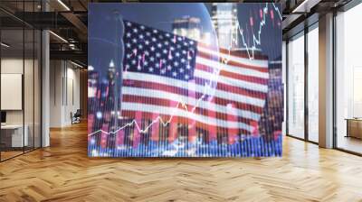 Multi exposure of virtual creative financial graph and world map on USA flag and blurry cityscape background, forex and investment concept Wall mural