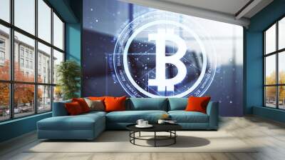 Virtual Bitcoin sketch on a modern coworking room background. Double exposure Wall mural