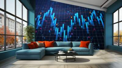 Virtual creative financial diagram on blue background, banking and accounting concept. 3D Rendering Wall mural