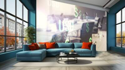 Virtual USD symbols illustration on a modern furnished office background. Trading and currency concept. Multiexposure Wall mural