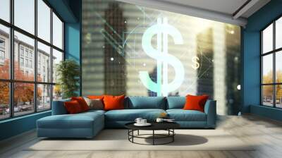 Virtual USD symbols illustration on office buildings background. Trading and currency concept. Multiexposure Wall mural