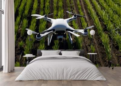 Portrait of a Flying drone on green agricultural field for crop maintenance, concept of modern technology of agriculture Wall mural